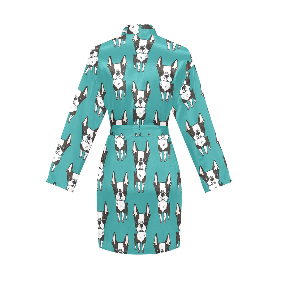 Hand drawn boston terrier dog pattern Women's Long Sleeve Belted Night Robe