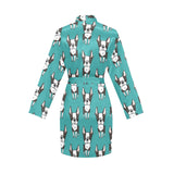 Hand drawn boston terrier dog pattern Women's Long Sleeve Belted Night Robe