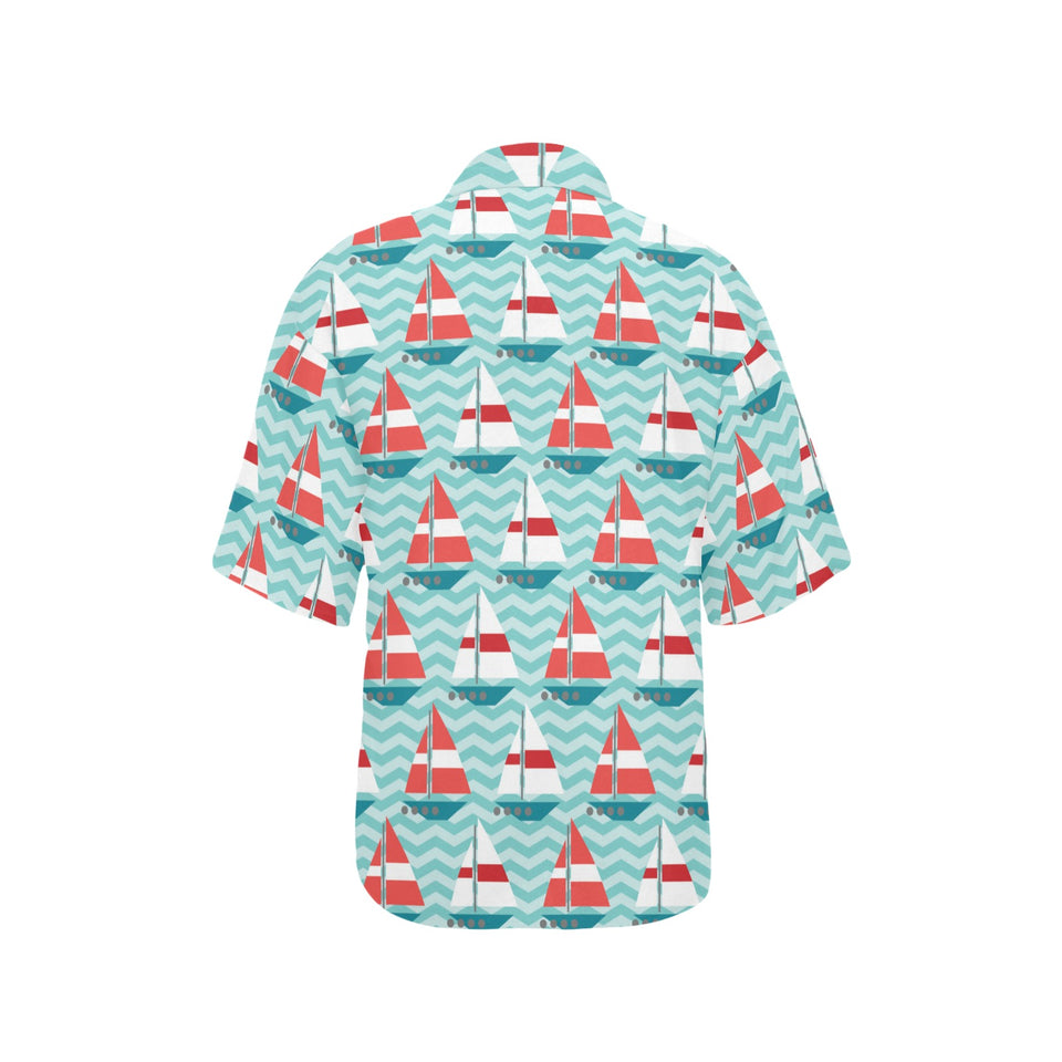 Red White sailboat wave background Women's All Over Print Hawaiian Shirt