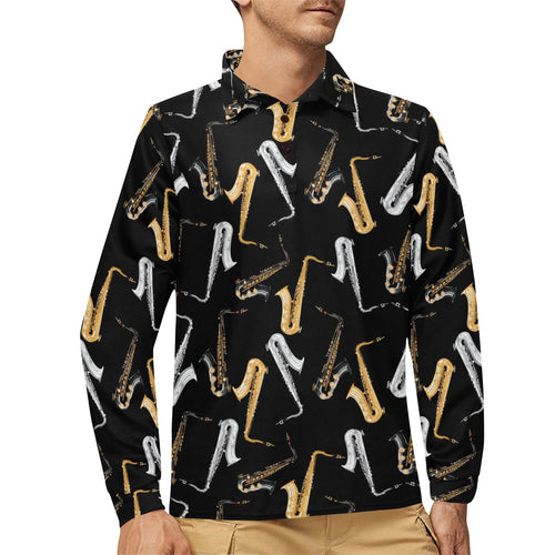 saxophone design pattern Men's Long Sleeve Polo Shirt
