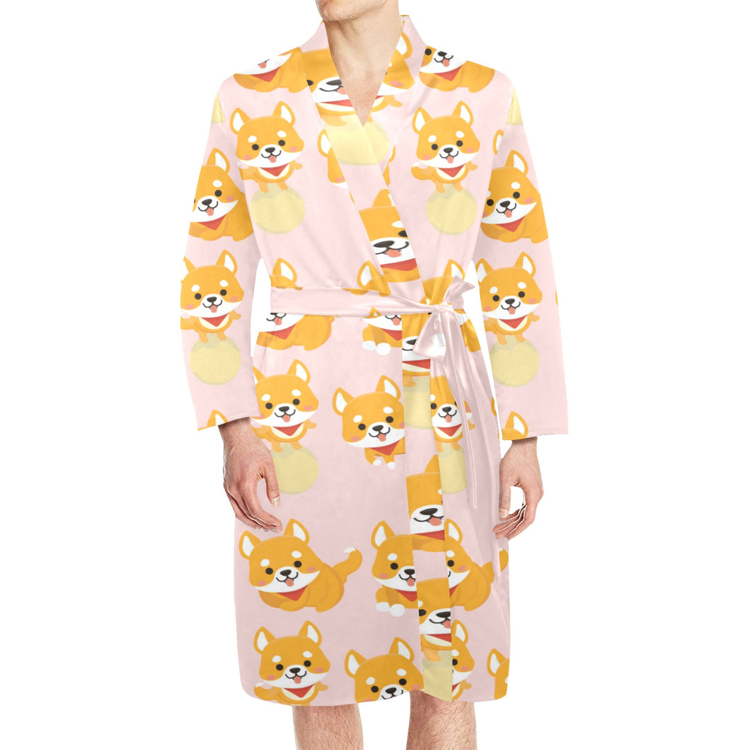 Cute shiba inu dog pattern Men's Long Sleeve Belted Night Robe