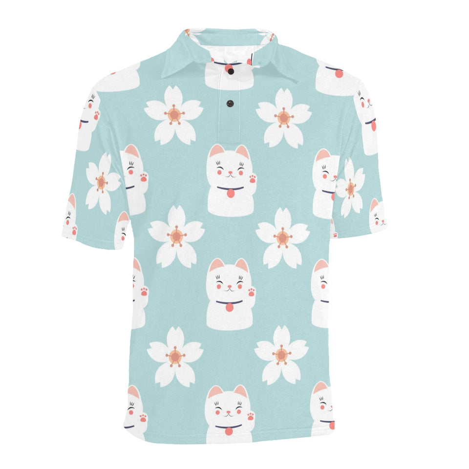 Maneki neko cat sakura Men's All Over Print Polo Shirt