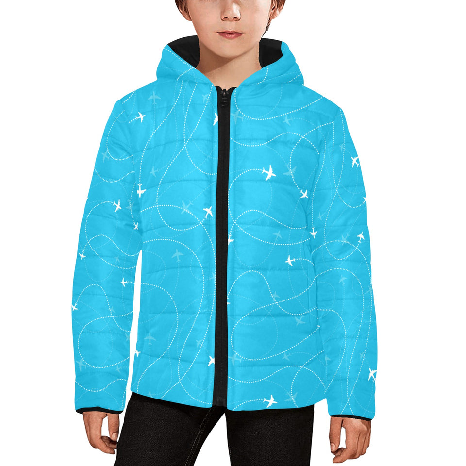 Airplane destinations blue background Kids' Boys' Girls' Padded Hooded Jacket