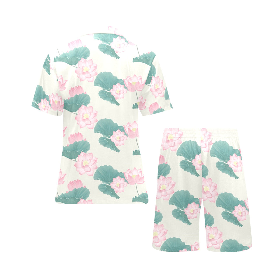 Pink lotus waterlily leaves pattern Men's V-Neck Short Pajama Set