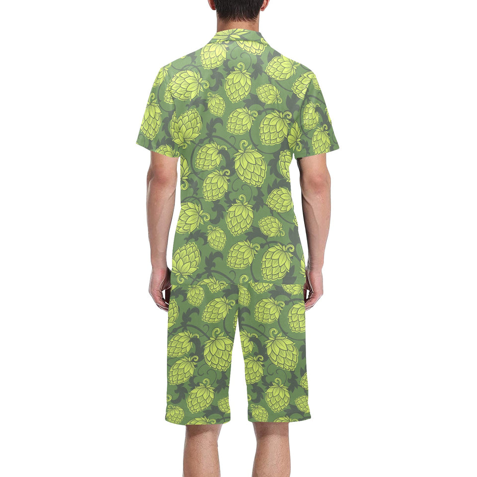 Hop pattern Hop cone background Men's V-Neck Short Pajama Set