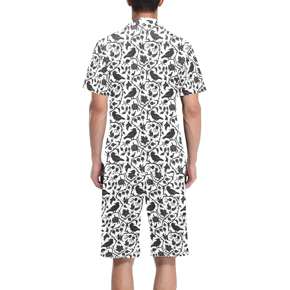 Crow dark floral pattern Men's V-Neck Short Pajama Set