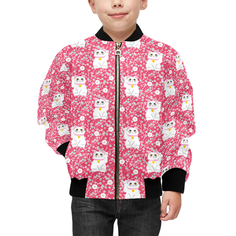 Maneki neko cat sakura pink background Kids' Boys' Girls' Bomber Jacket