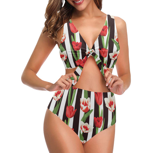 red and white tulips pattern Chest Bowknot High Waisted Bikini Swimsuit