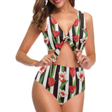 red and white tulips pattern Chest Bowknot High Waisted Bikini Swimsuit