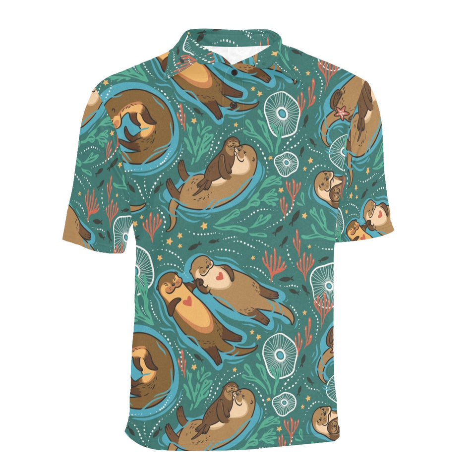 cute brown sea otters ornamental seaweed corals gr Men's All Over Print Polo Shirt