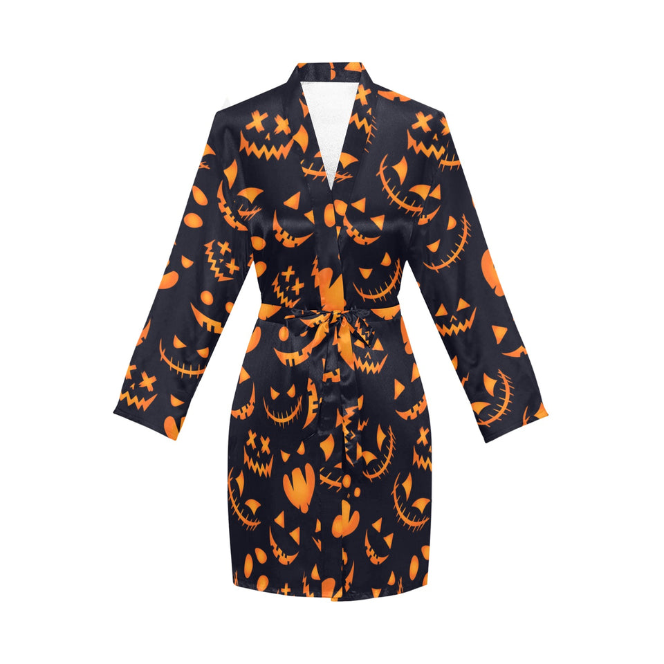 Halloween pattern Pumpkin background Women's Long Sleeve Belted Night Robe