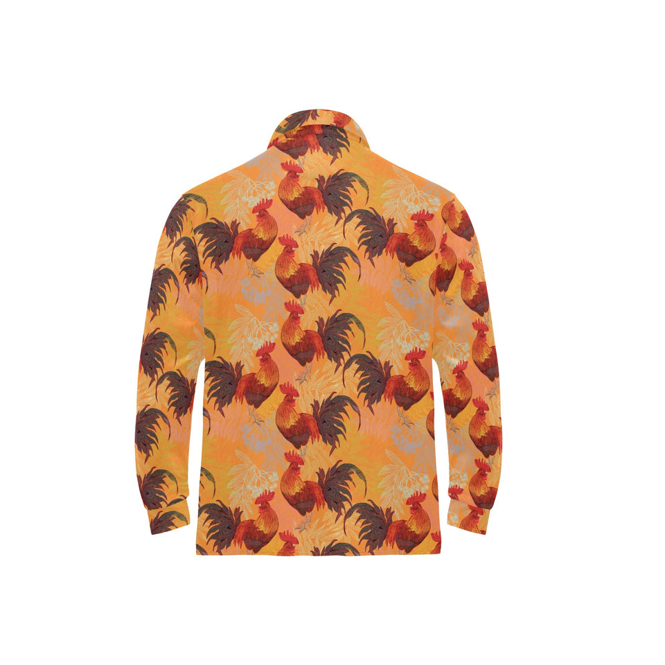 red rooster chicken cock pattern Men's Long Sleeve Polo Shirt