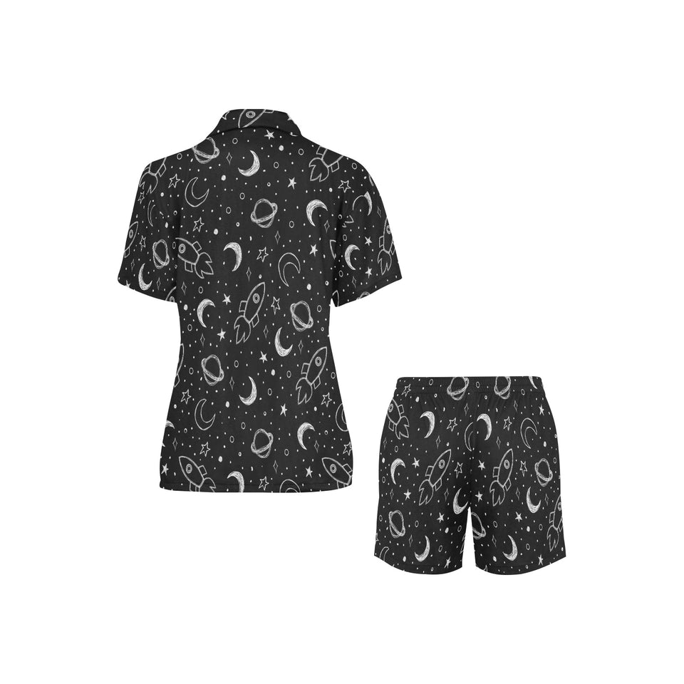 Hand drawn space rocket star planet Women's V-Neck Short Pajama Set