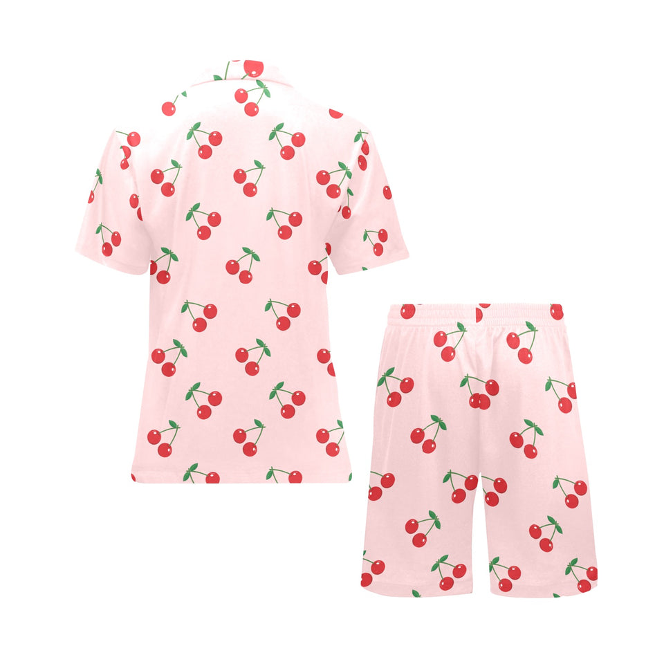 cherry pattern pink background Men's V-Neck Short Pajama Set