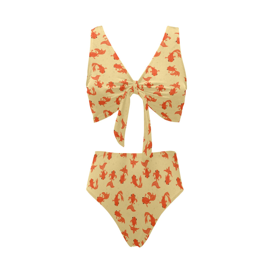Goldfish Pattern Print Design 02 Chest Bowknot High Waisted Bikini Swimsuit