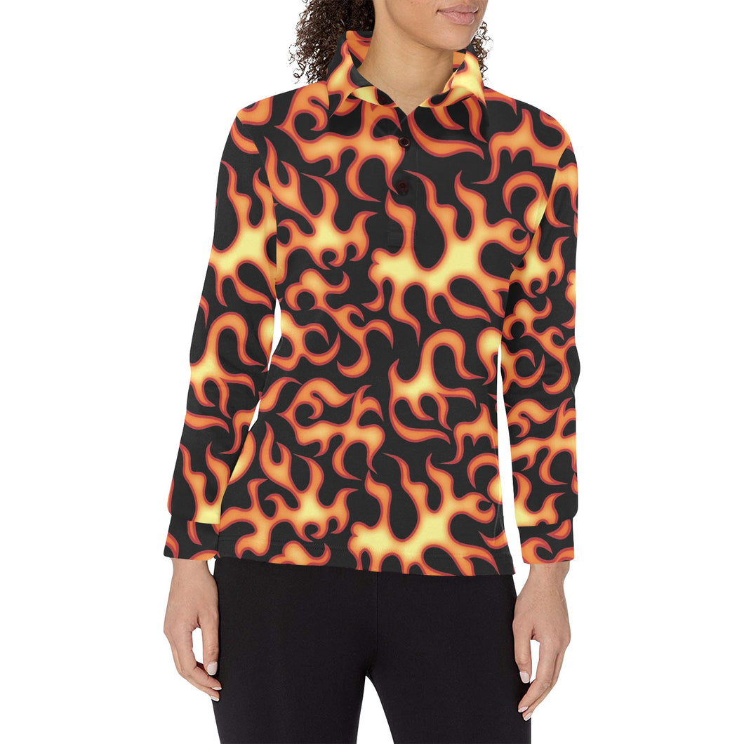 Fire flame dark pattern Women's Long Sleeve Polo Shirt