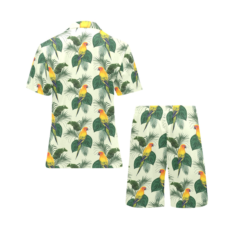 Beautiful parrot palm leaves pattern Men's V-Neck Short Pajama Set