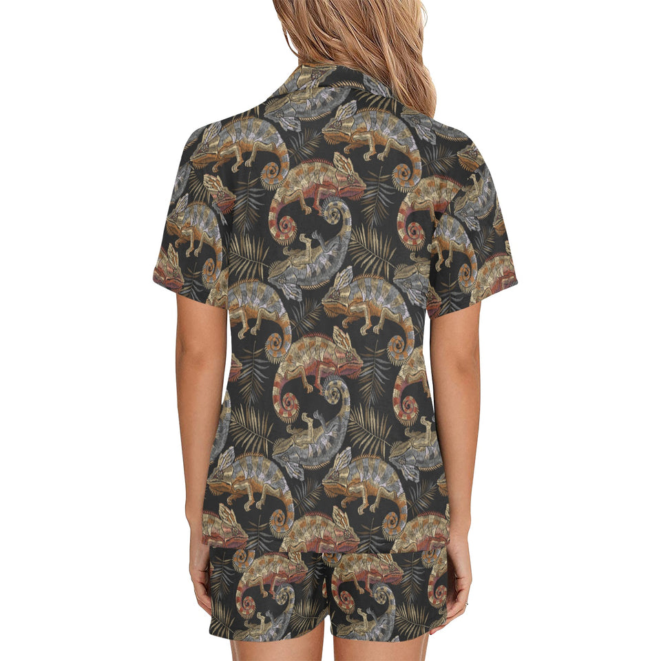 Chameleon lizard tropical leaves palm tree Women's V-Neck Short Pajama Set