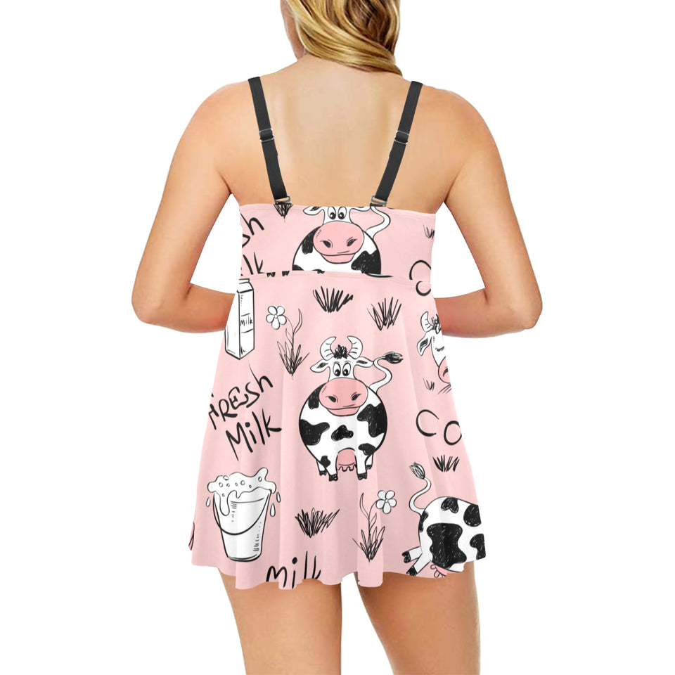 Cows milk product pink background Chest Sexy Pleated Two Piece Swim Dress
