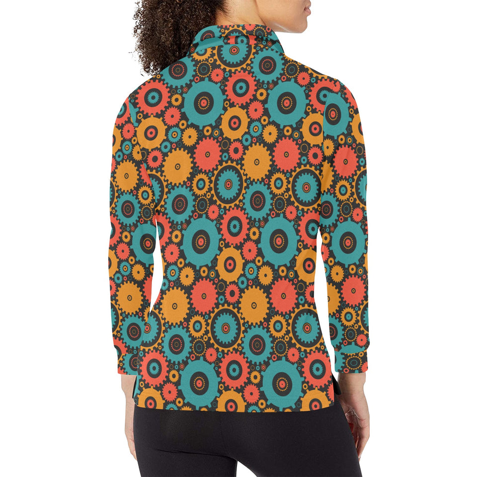 Gear Pattern Print Design 01 Women's Long Sleeve Polo Shirt