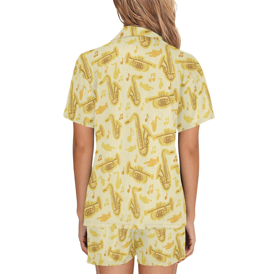 Saxophone cornet pattern yellow background Women's V-Neck Short Pajama Set