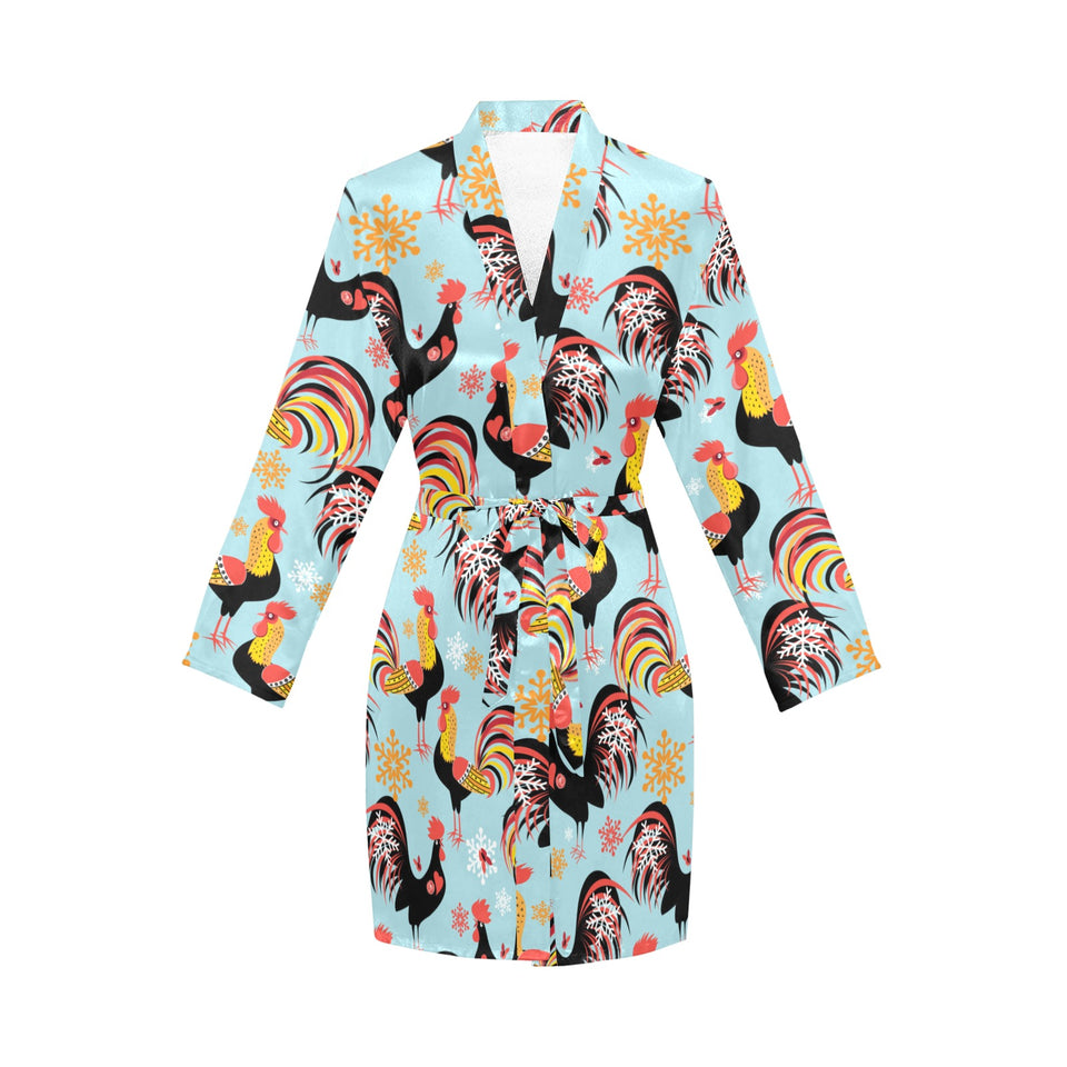 Rooster chicken cock snowfalke Women's Long Sleeve Belted Night Robe