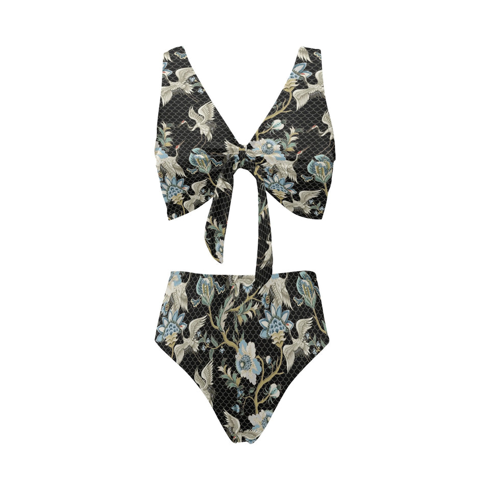 Japanese crane ornament elements Chest Bowknot High Waisted Bikini Swimsuit