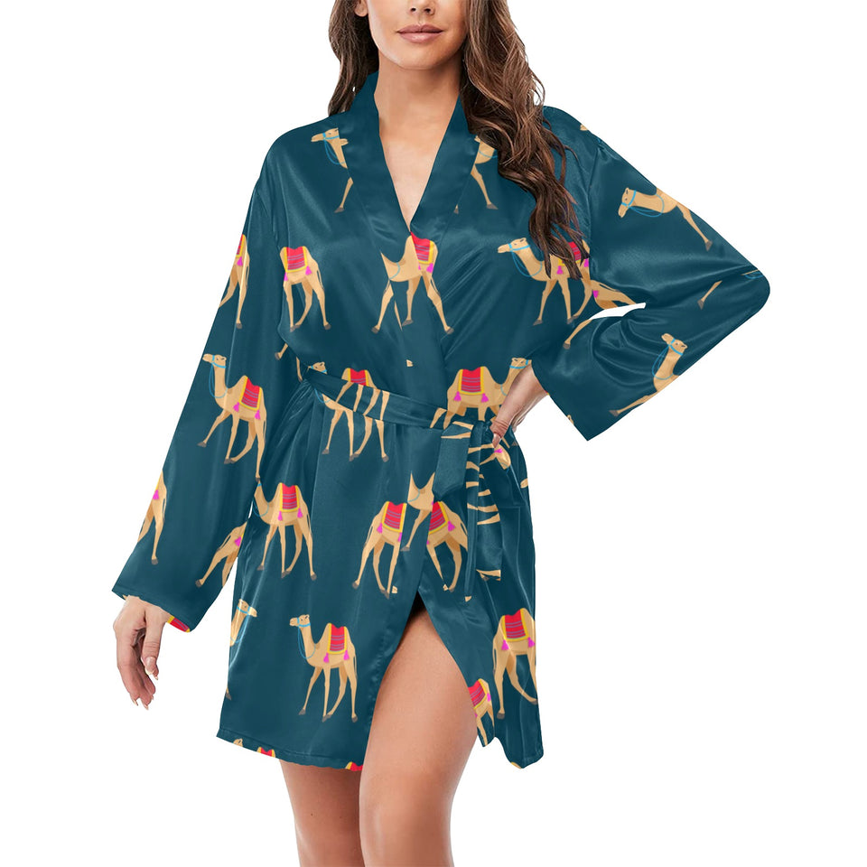 Camel pattern blue blackground Women's Long Sleeve Belted Night Robe