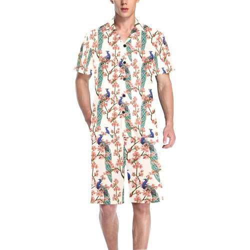Peacock tropical flower pattern Men's V-Neck Short Pajama Set