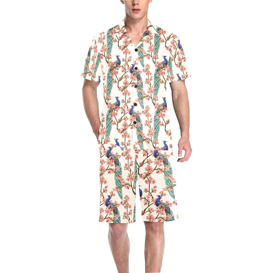 Peacock tropical flower pattern Men's V-Neck Short Pajama Set
