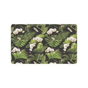 White orchid flower tropical leaves pattern blackg Doormat