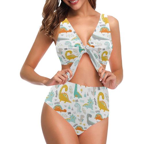 Cute funny kids dinosaurs pattern Chest Bowknot High Waisted Bikini Swimsuit