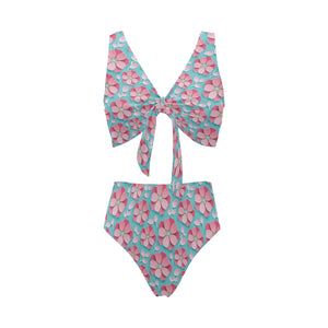 3D sakura cherry blossom pattern Chest Bowknot High Waisted Bikini Swimsuit