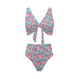 3D sakura cherry blossom pattern Chest Bowknot High Waisted Bikini Swimsuit