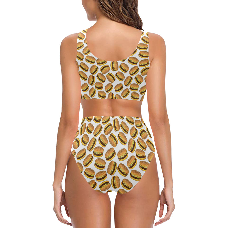 Hamburger Pattern Print Design 03 Chest Bowknot High Waisted Bikini Swimsuit