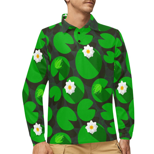 Frog waterlily pattern Men's Long Sleeve Polo Shirt