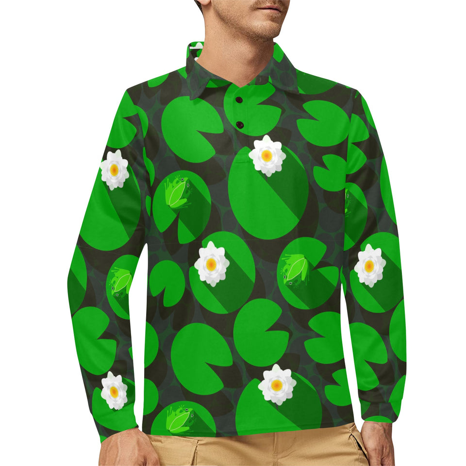 Frog waterlily pattern Men's Long Sleeve Polo Shirt