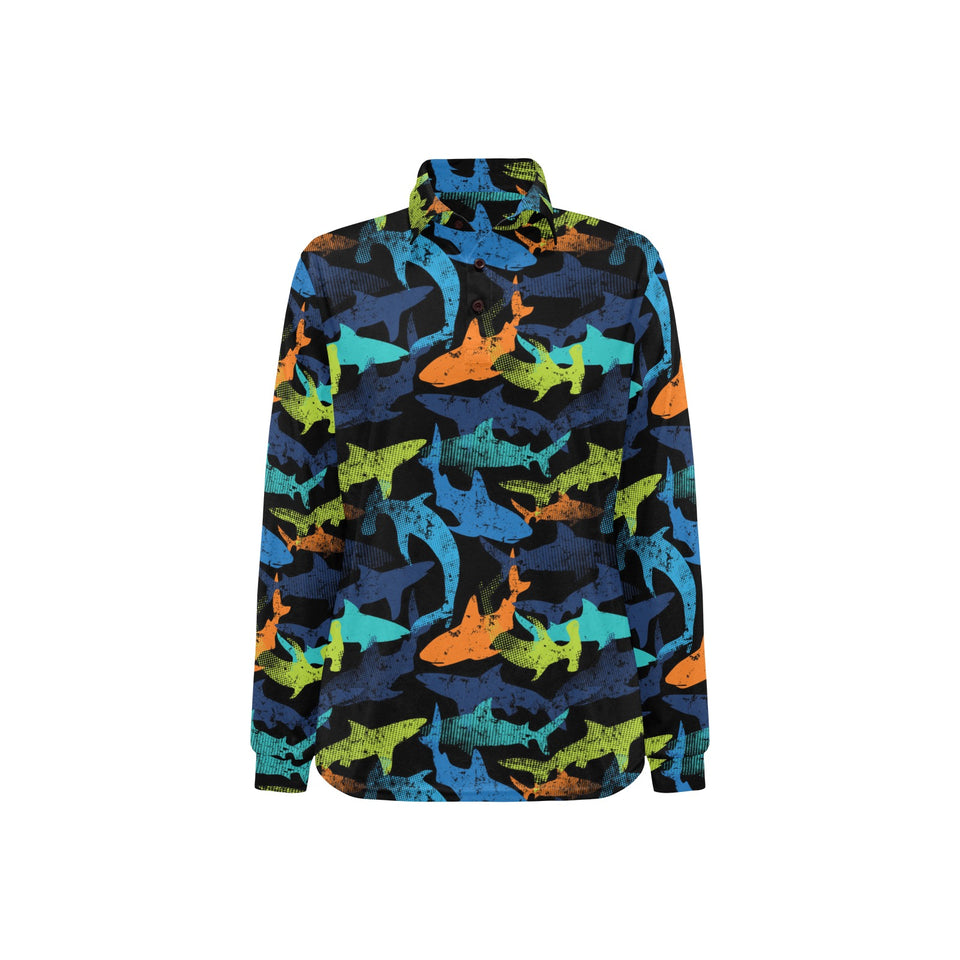 Colorful shark Women's Long Sleeve Polo Shirt
