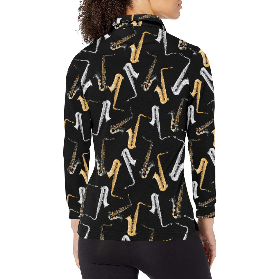 saxophone design pattern Women's Long Sleeve Polo Shirt