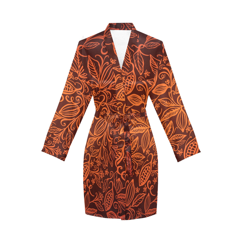 cacao beans tribal polynesian pattern Women's Long Sleeve Belted Night Robe