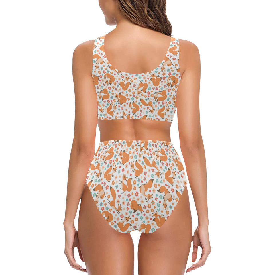 Squirrel Pattern Print Design 05 Chest Bowknot High Waisted Bikini Swimsuit