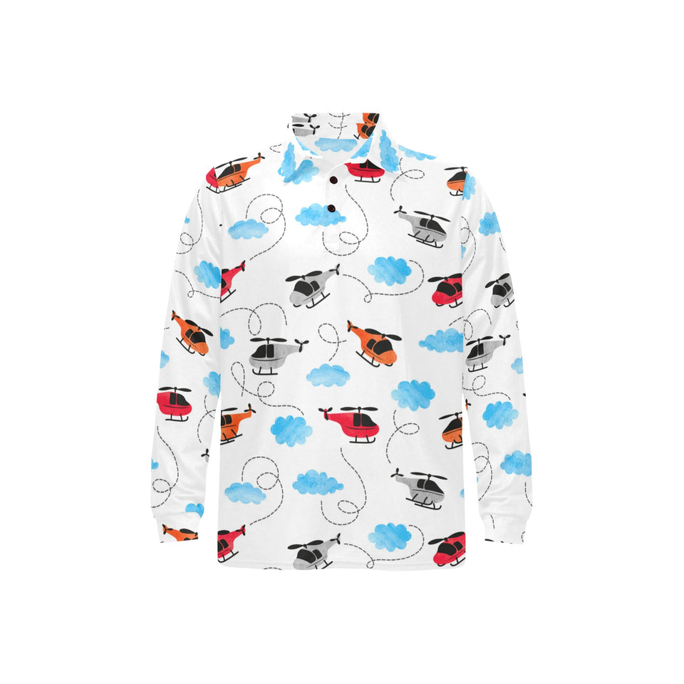 Watercolor helicopter cloud pattern Men's Long Sleeve Polo Shirt