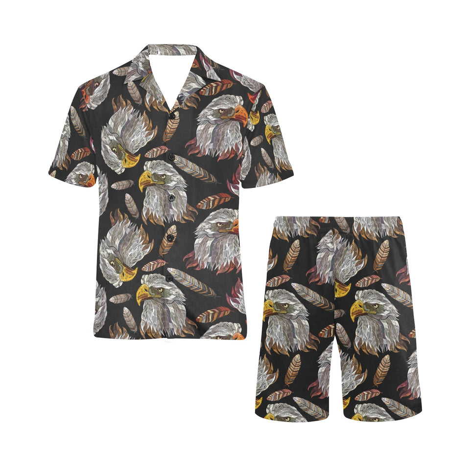 Eagle Pattern Print Design 05 Men's V-Neck Short Pajama Set