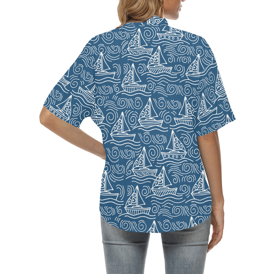 Hand drawn sailboat pattern Women's All Over Print Hawaiian Shirt