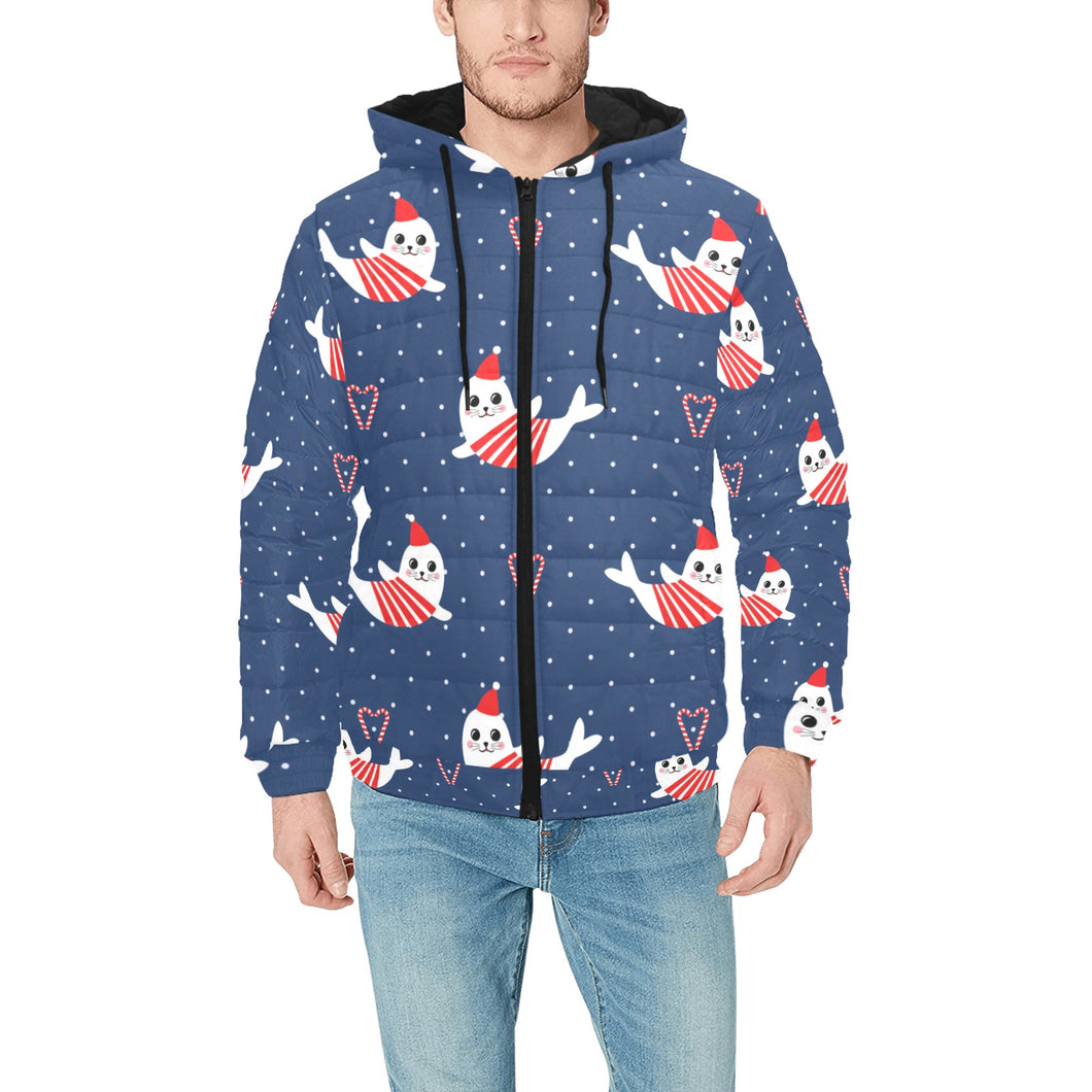 Cute sea lion seal christmas hat candy cane heart Men's Padded Hooded Jacket