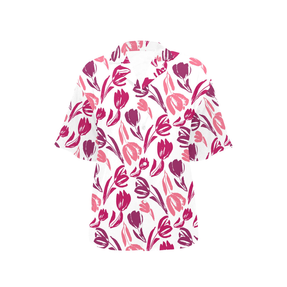 pink sketch tulip pattern Women's All Over Print Hawaiian Shirt