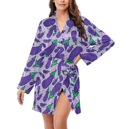 Eggplant Pattern Print Design 03 Women's Long Sleeve Belted Night Robe