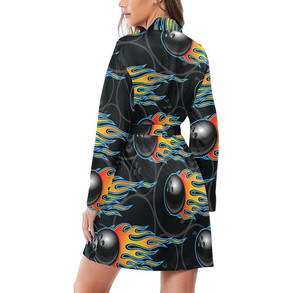 Bowling balls flame pattern Women's Long Sleeve Belted Night Robe