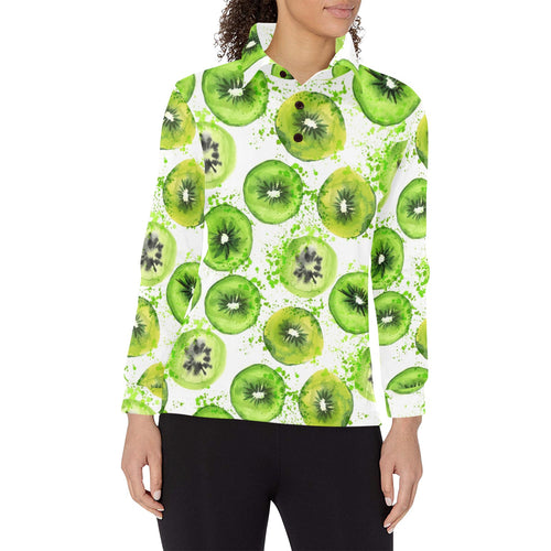 Watercolor kiwi pattern Women's Long Sleeve Polo Shirt