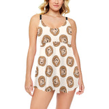 Lion Pattern Print Design 01 Chest Sexy Pleated Two Piece Swim Dress